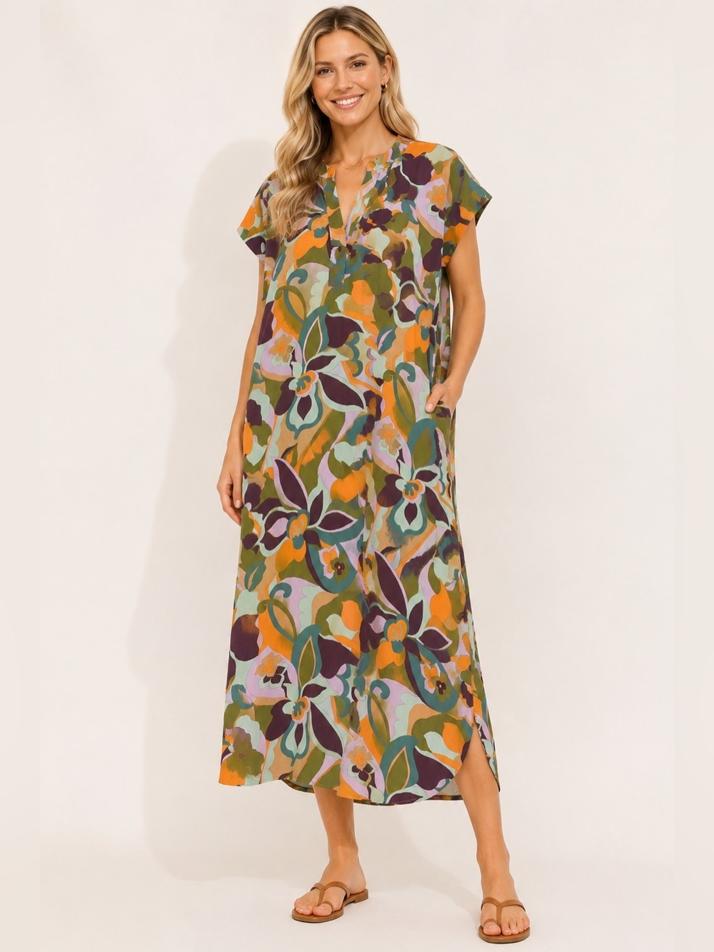 Easel Los Angeles Floral Shift Dress L Retro Mod Boho Maxi Colorful Lightweight